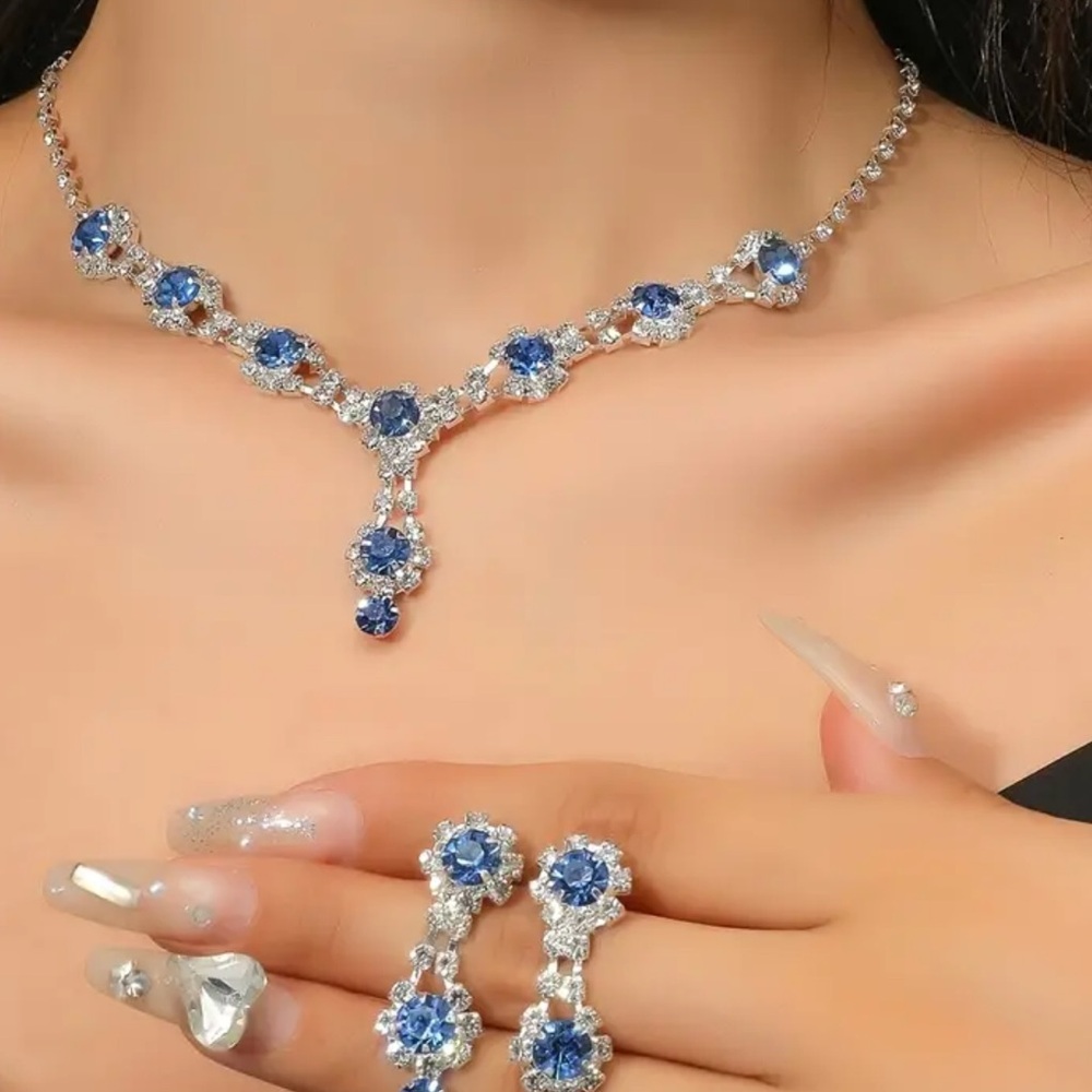 ‼️🔥‼️Elegant Blue Flower Design Dangle Earrings and Y Necklace Elegant Lux - Picture 3 of 4